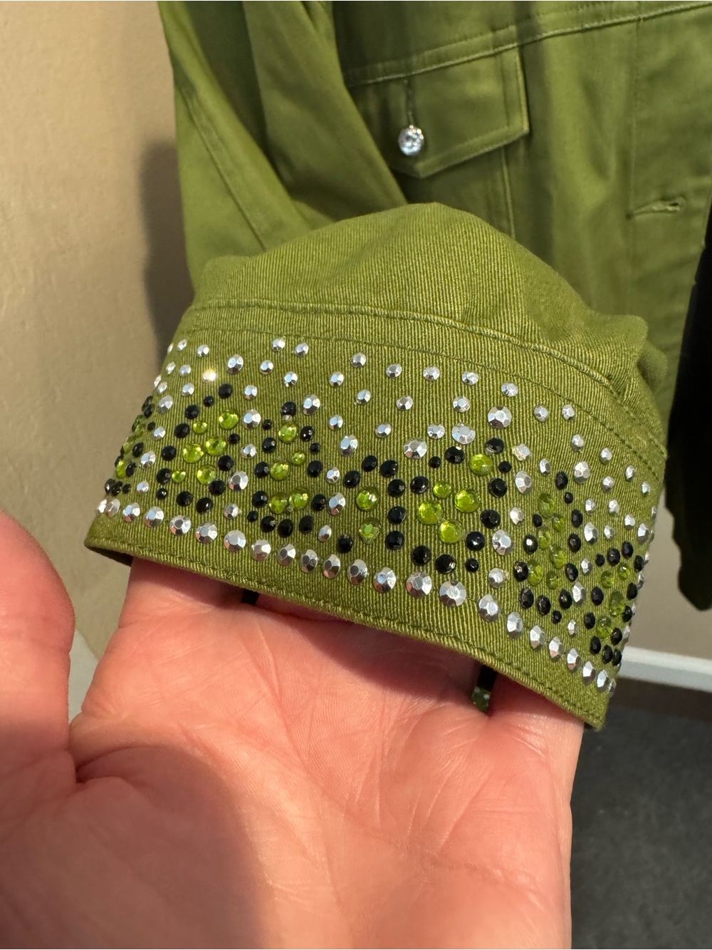 Artsy Quacker Factory Olive Green Rhinestone Embellished Collared Jacket - Picture 6 of 8